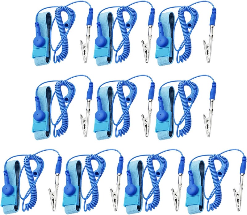 Zoolfix 10 Pack ESD Wrist Strap with Grounding Plug, Adjustable Coiled Cord (Blue) - Image 1